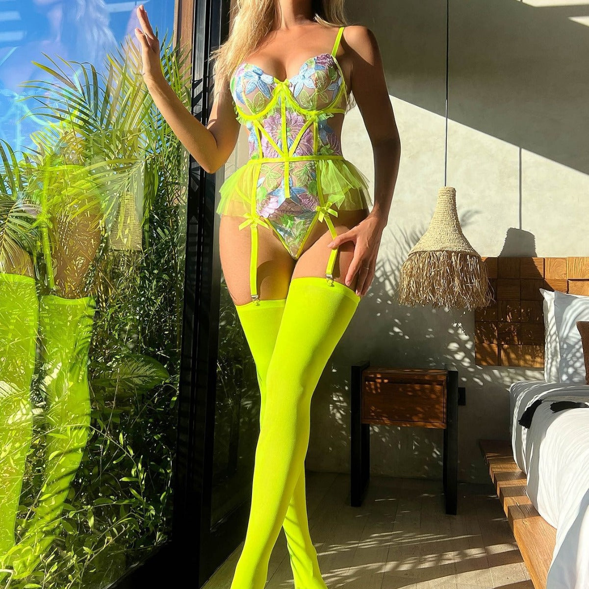 Body shaping flower embroidery backless perspective sexy lingerie jumpsuit with stockings eprolo