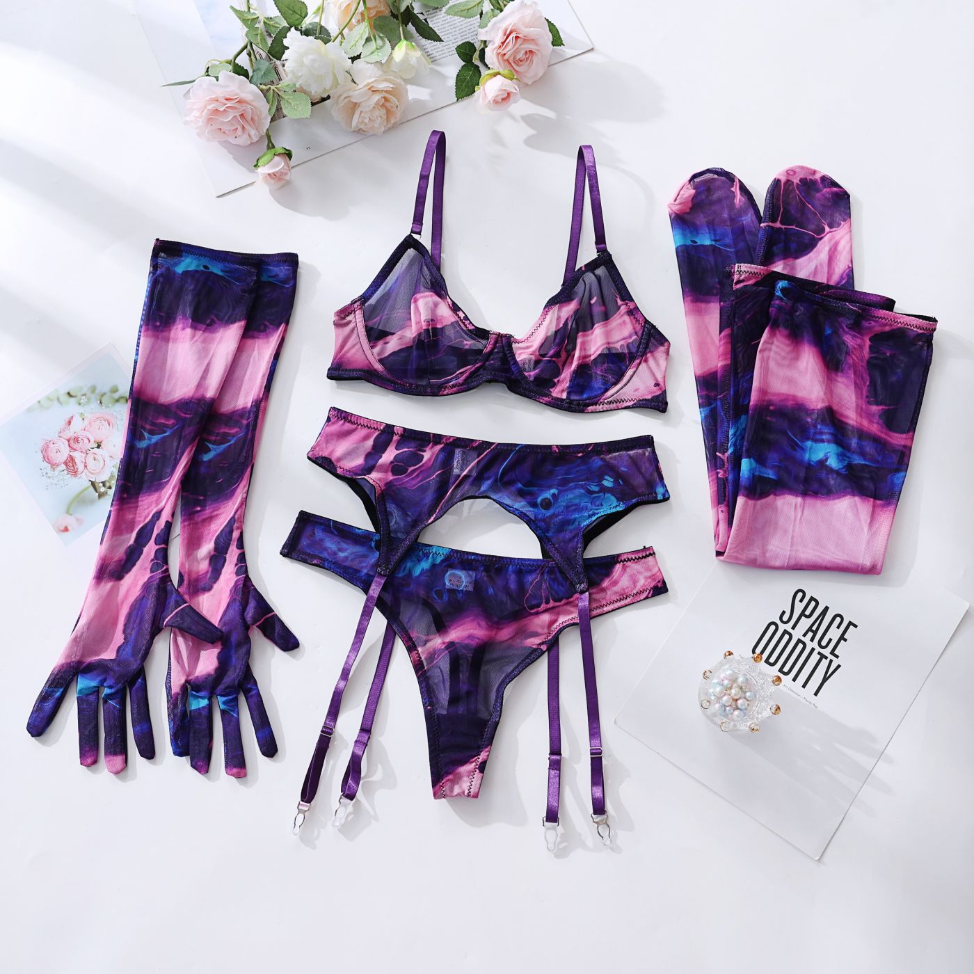 Lingerie Set with Gloves and Stockings - Mesh Printed Design eprolo
