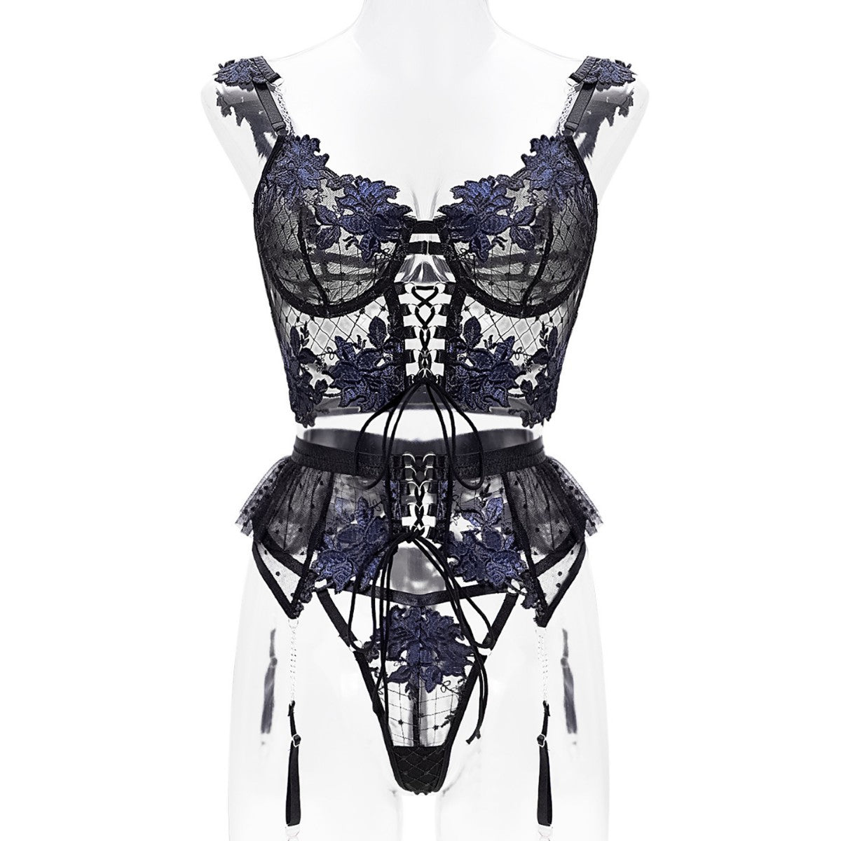 Embroidered bra set mesh floral underwear women's garter belt eprolo