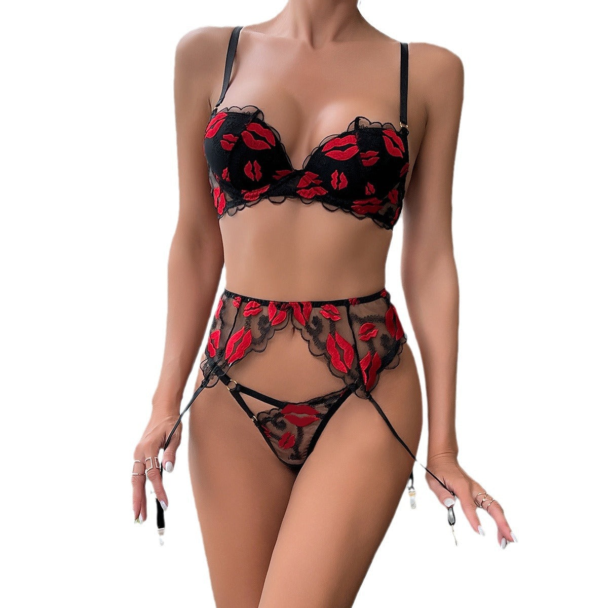 Red Lips Embroidery Gathered Molded Cup Sexy Three-Piece Set eprolo