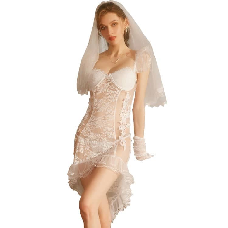 Thin Lace Perspective Mesh Long Bridal Dress Wedding Gown Nightwear Seduction Funny Role Playing Uniform eprolo