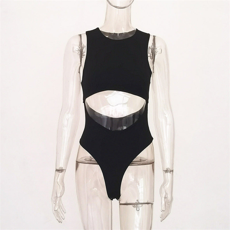 Eprolo sleeveless hollow-out jumpsuit with navel-revealing design, showcasing a sexy, stylish hot girl outfit.