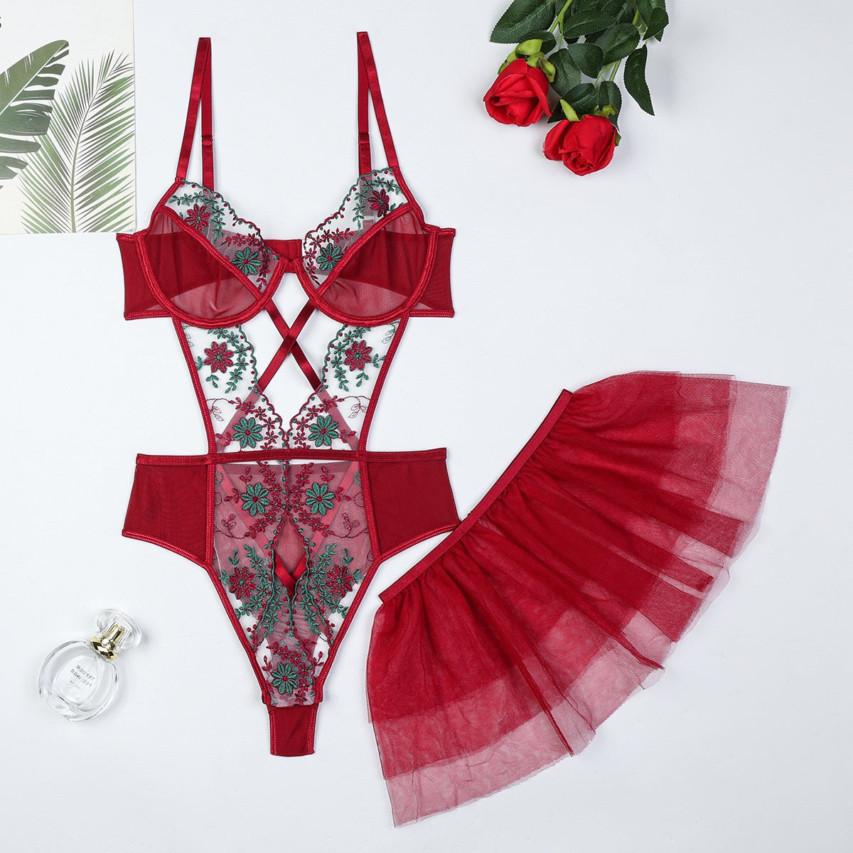Creative Two-Way Wearable Detachable Mesh Embroidery Splicing Cross Hollow Waist Revealing Bodysuit