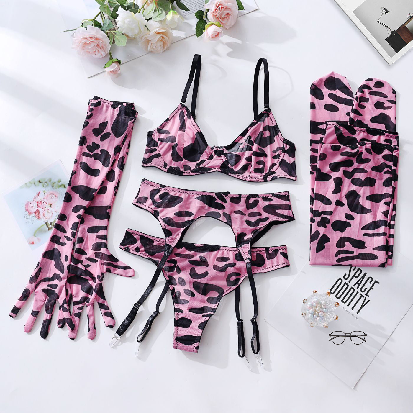 Tie-Dye Colorful Small Bust Gathering Mesh Sexy Lingerie Five-Piece Set for Women eprolo