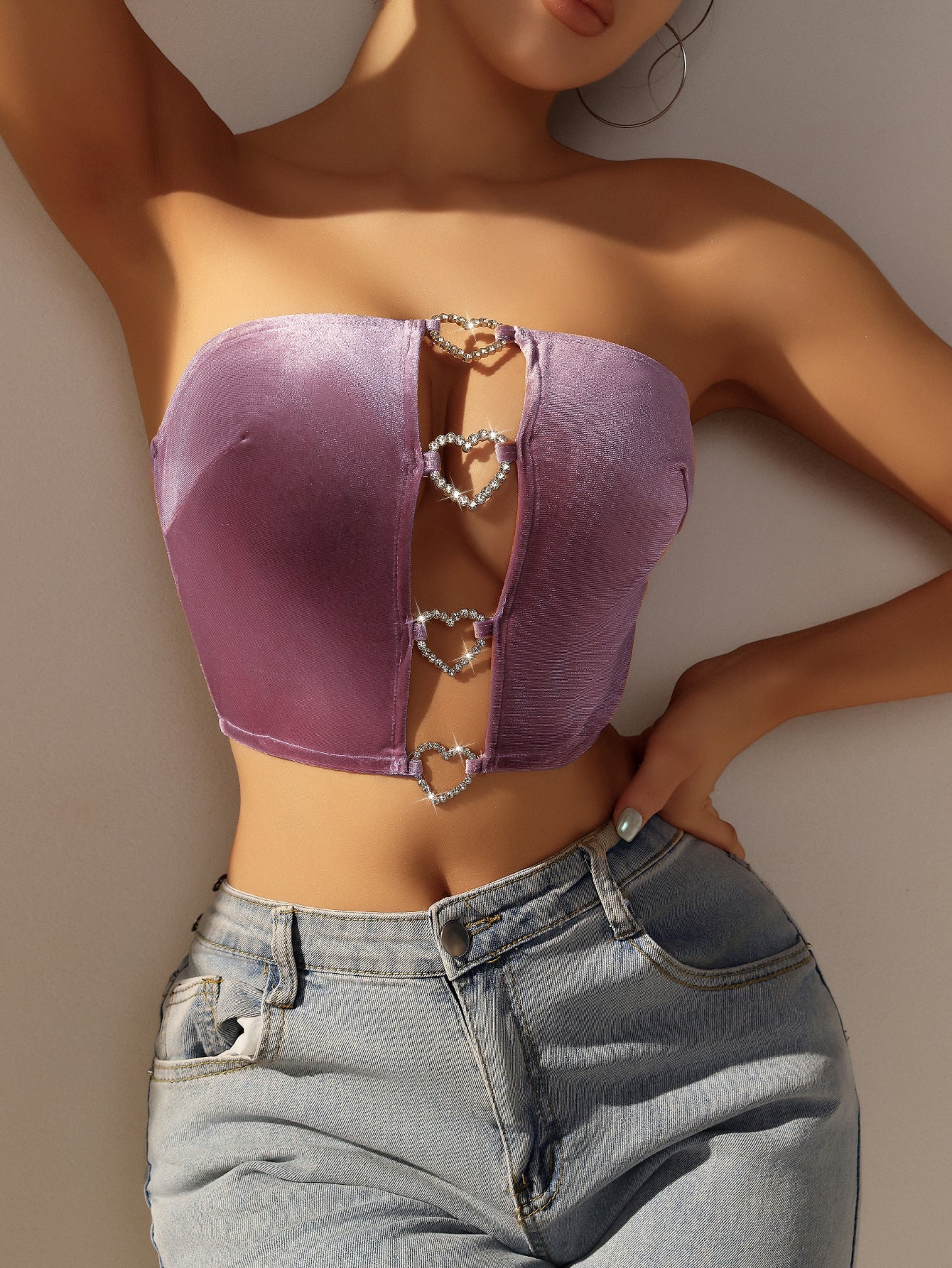 Heart Cut-Out Diamond Strapless Top – Rhinestone Crop Vest in Pink | KYLALINGERIE