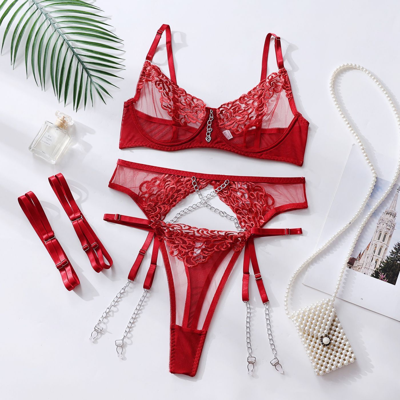 Dnika Lingerie Erotic Underwear  Metal Chain Embroidery Underwear Four-Piece Set Export eprolo