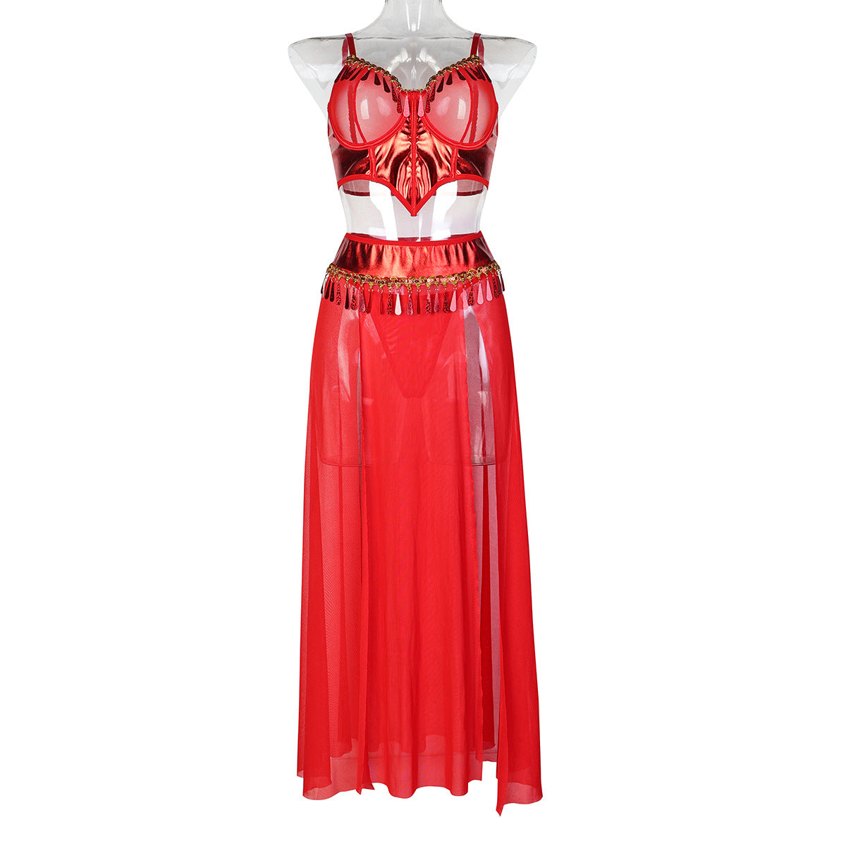 European and American Style Costume Dressing Party Red High-Waisted Slit Sheer Skirt Three-Piece Set Women's Lingerie eprolo