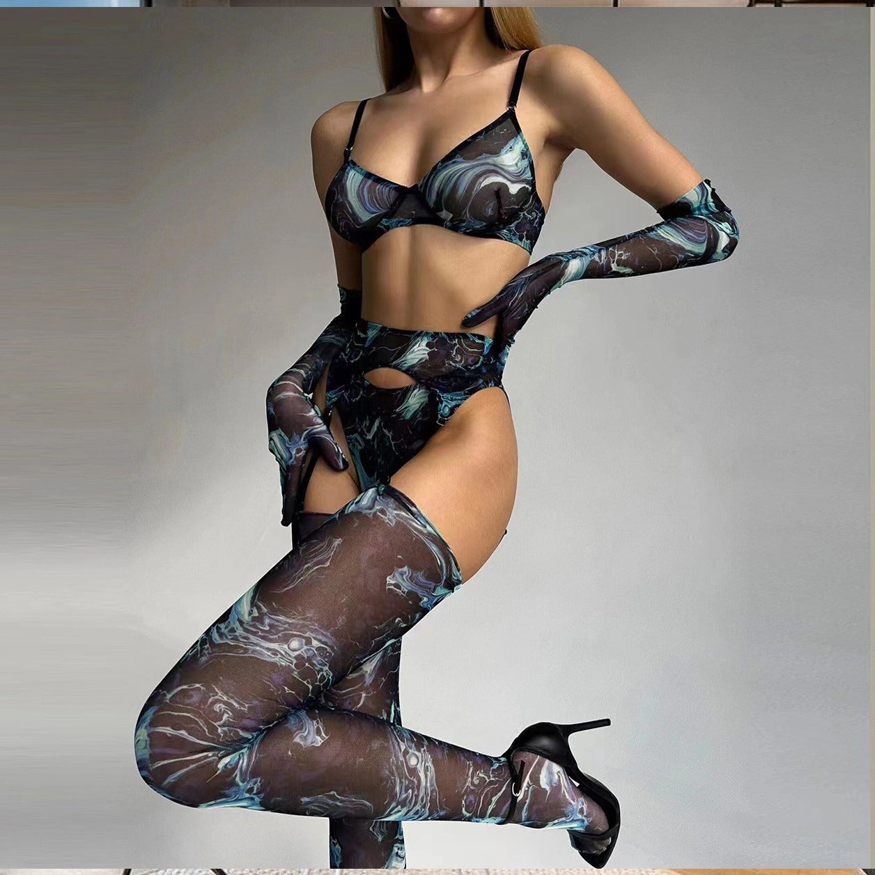Tie-Dye Colorful Small Bust Gathering Mesh Sexy Lingerie Five-Piece Set for Women eprolo