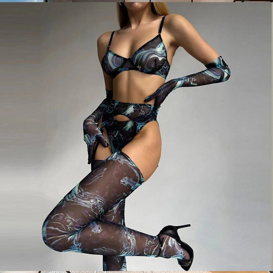 Tie-Dye Colorful Small Bust Gathering Mesh Sexy Lingerie Five-Piece Set for Women eprolo