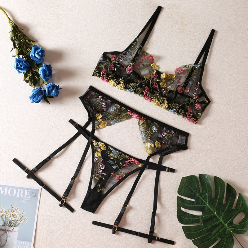 Sexy Perspective Yellow Pastoral Floral Bra Pendant with T-shaped Trousers with Leg Rings Three piece Funny Underwear Set eprolo