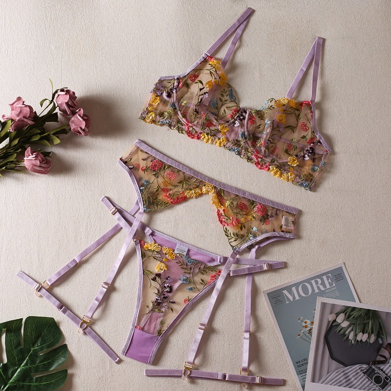 Sexy Perspective Yellow Pastoral Floral Bra Pendant with T-shaped Trousers with Leg Rings Three piece Funny Underwear Set eprolo