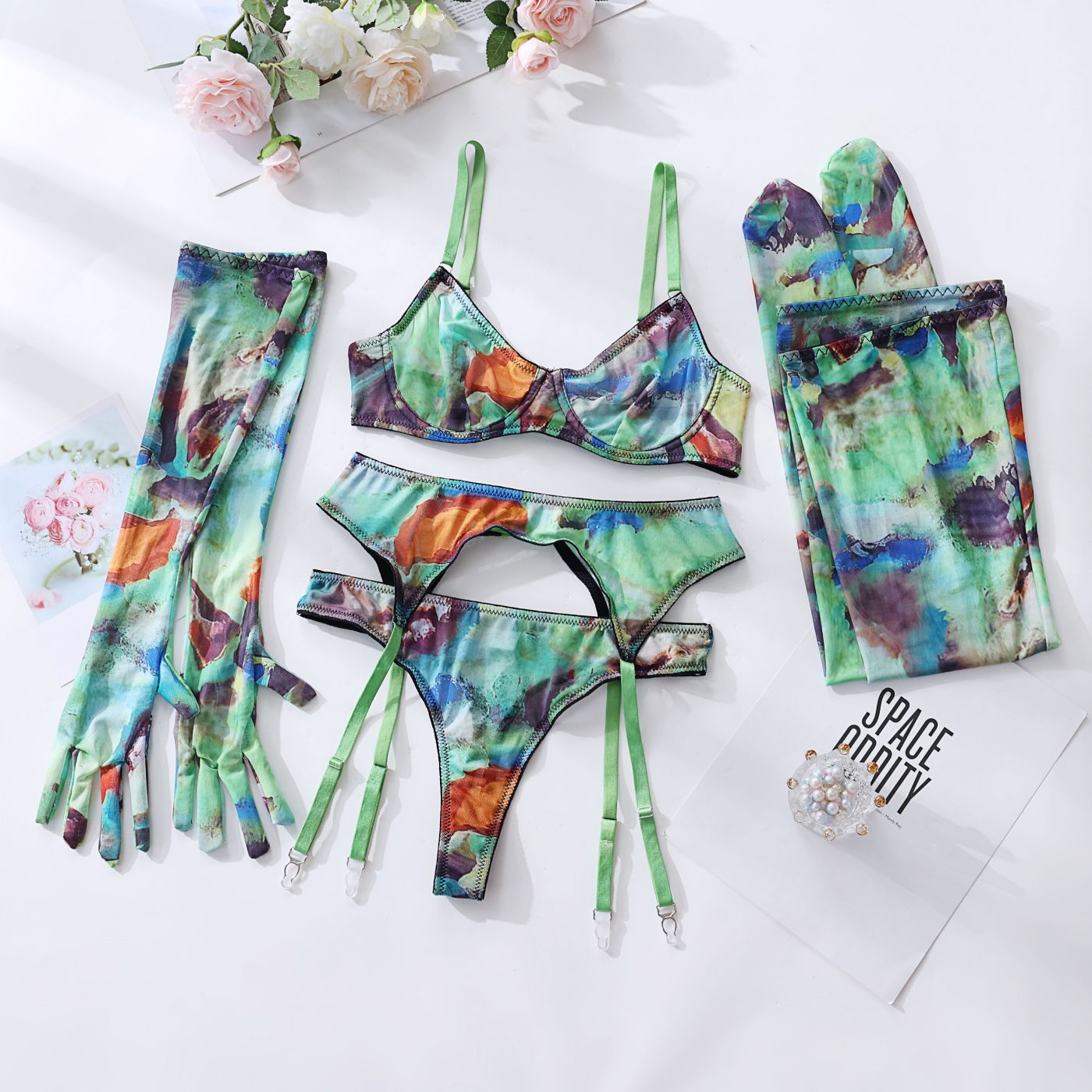 Lingerie Set with Gloves and Stockings - Mesh Printed Design eprolo