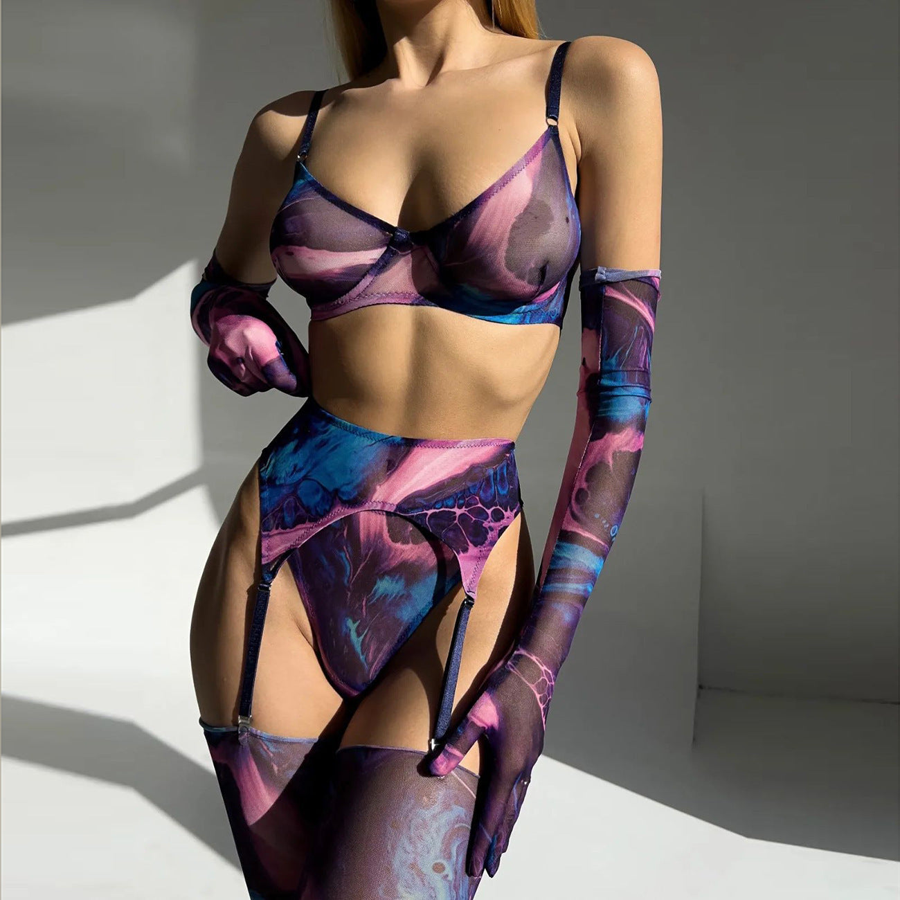 Lingerie Set with Gloves and Stockings - Mesh Printed Design eprolo