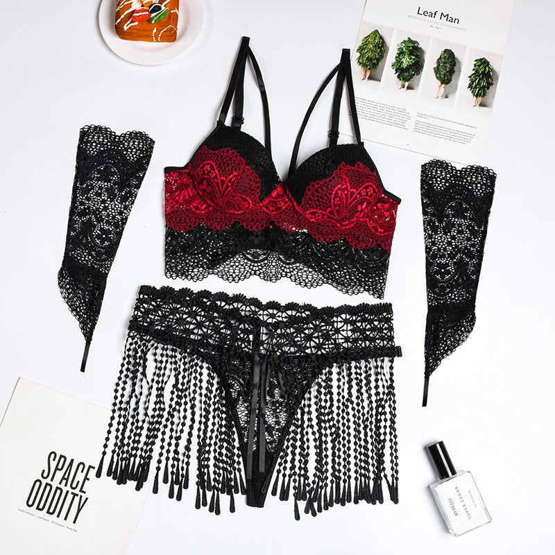 Eprolo erotic lingerie 5-piece set with tassel waistband lace splicing and matching gloves, displayed on a model.