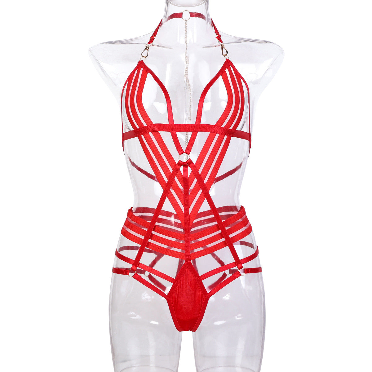 Black Bandage Halter Cross-Fit Underwear  Back Chain Hollow Sexy Bodysuit Women