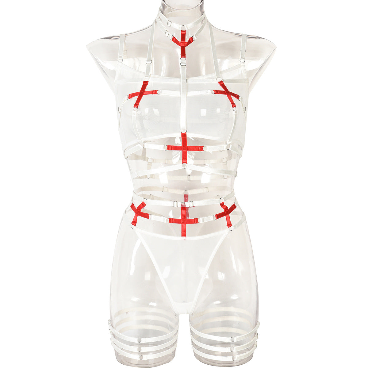 European and American Women's Complex Strap Crossed Halter Sexy Mesh Transparent Underwear Three-Piece Set eprolo