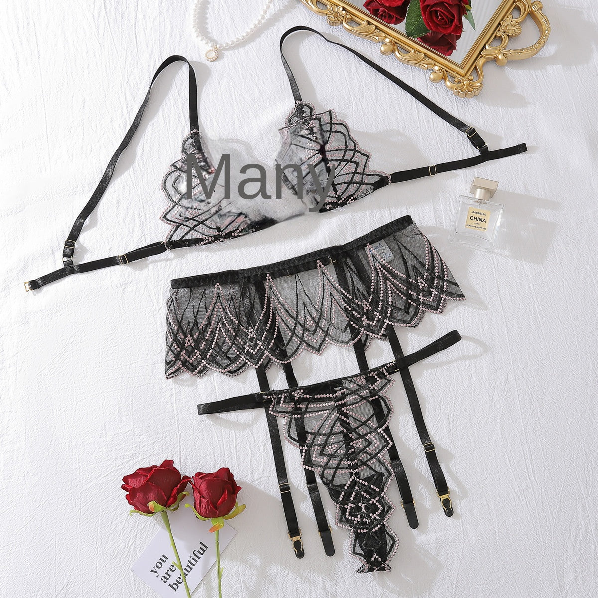 Mesh Perspective Slimming Bra Set Sexy Underwear Underwear 3-Piece Set