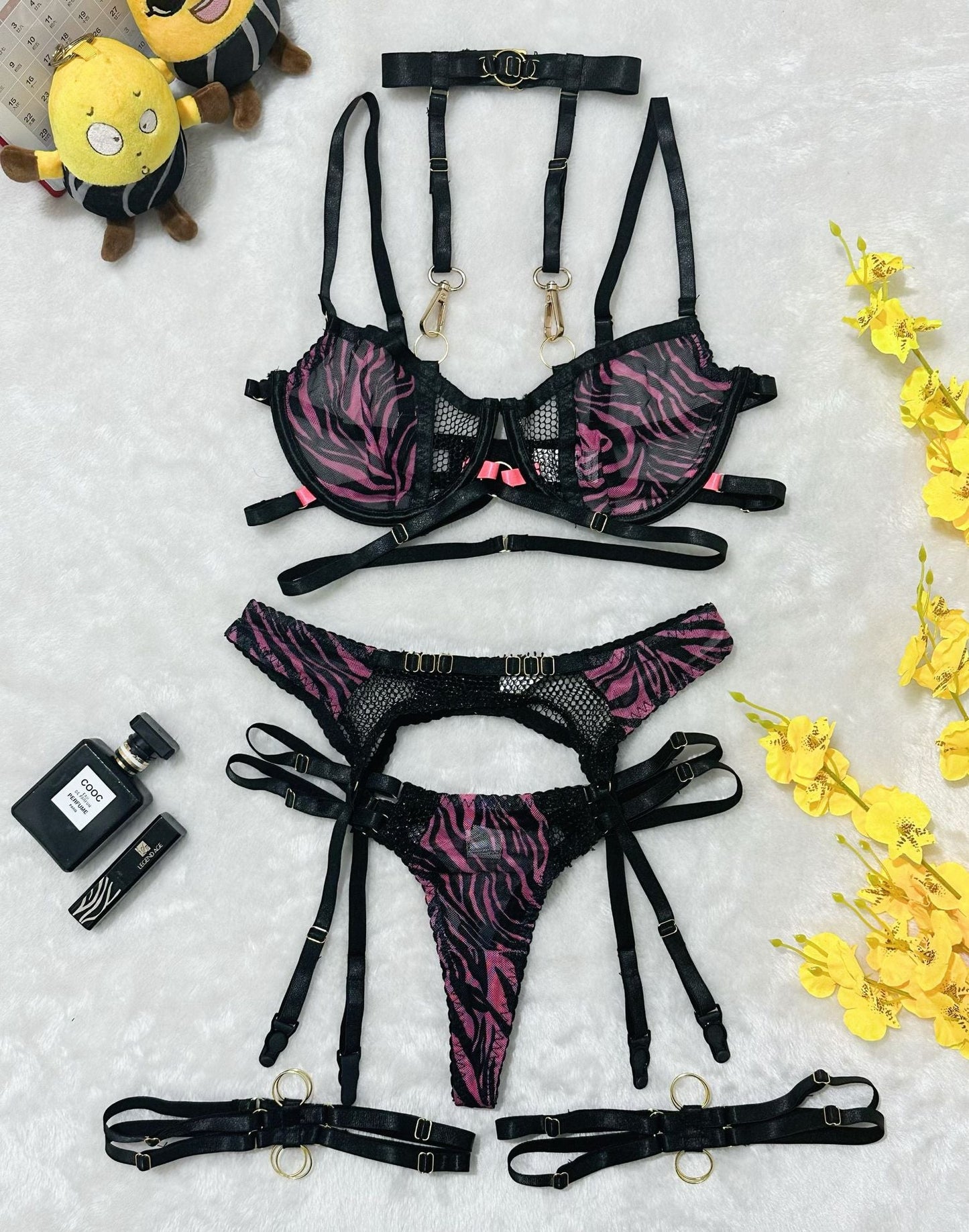 Zebra Print Halter Mesh Detachable Strap Grid Splicing Hollow Out Lingerie Set eprolo