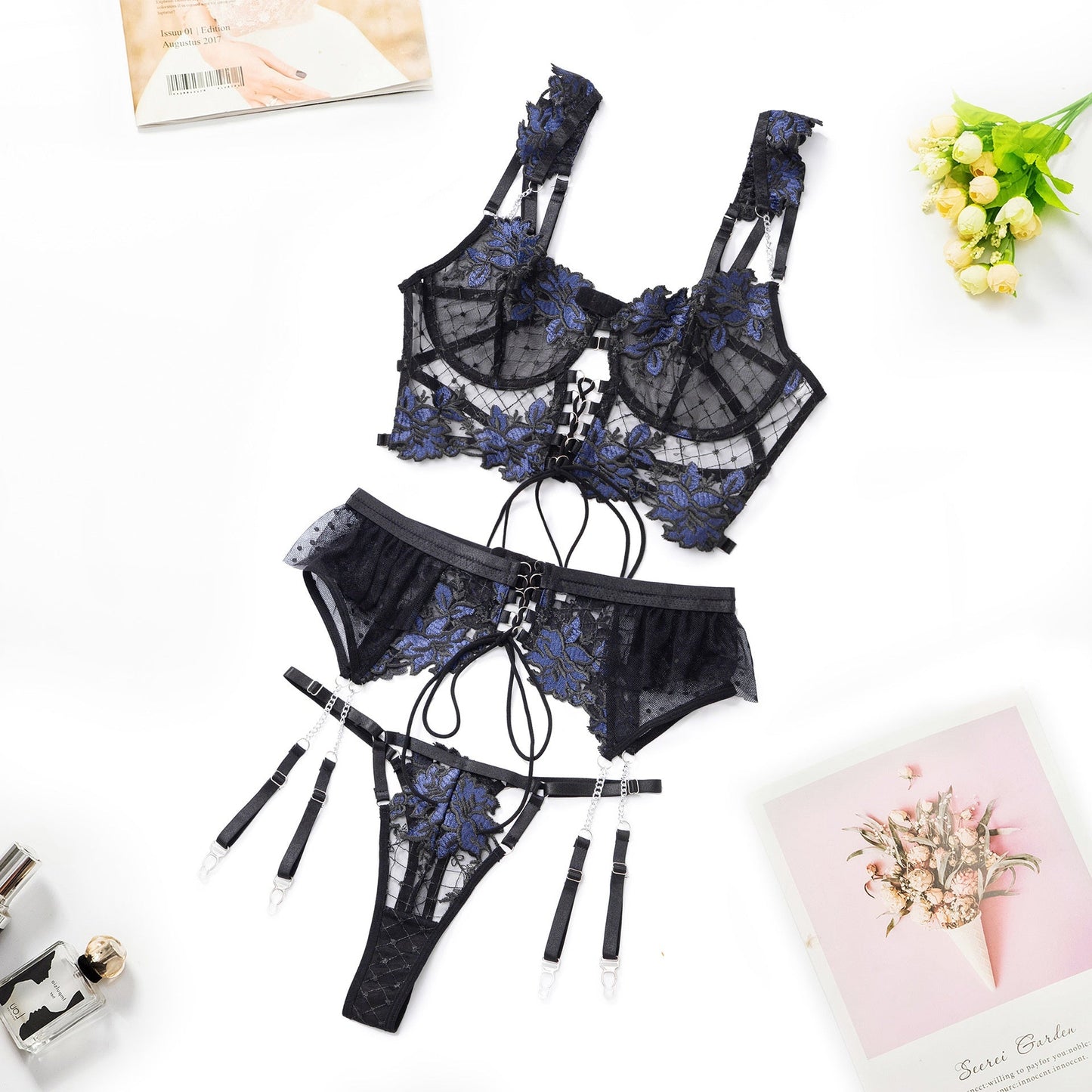Embroidered bra set mesh floral underwear women's garter belt eprolo