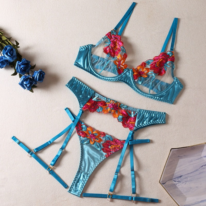 Sexy Colorful Embroidered Large Flowers With Steel Ring Bra Garter Belt Leggings Thong Erotic Underwear 4Pcs Set eprolo