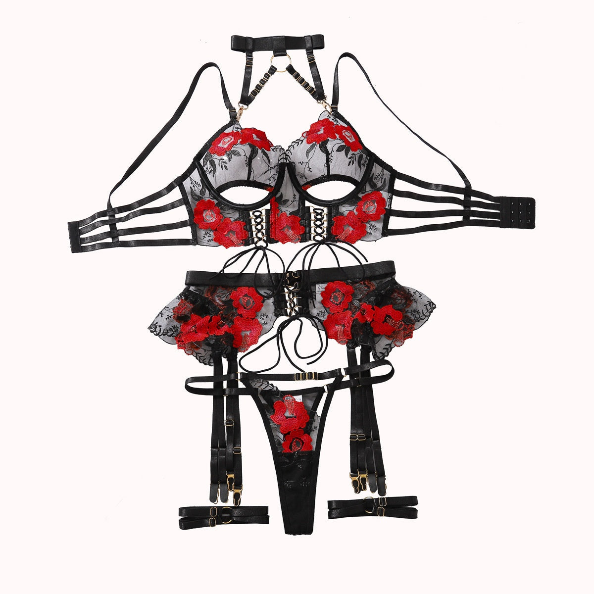 Flower embroidery hanging neck metal buckle strap waist seal irregular underwear women's set eprolo