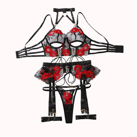 Flower embroidery hanging neck metal buckle strap waist seal irregular underwear women's set eprolo
