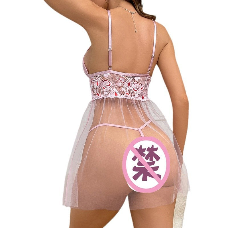New Love Lace Strap Cross Splicing Mesh Transparent Sexy Cute Strap Sleeping Skirt Two Piece Set eprolo