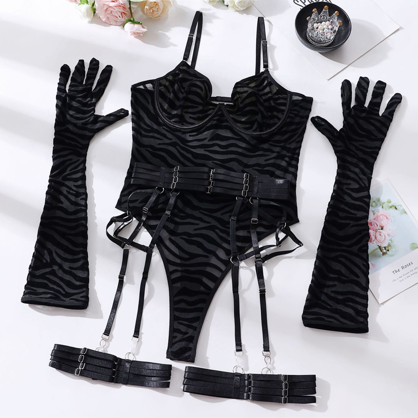 Tulle Bodysuit Lingerie Set with Gloves & Garter – Sheer Mesh Underwear
