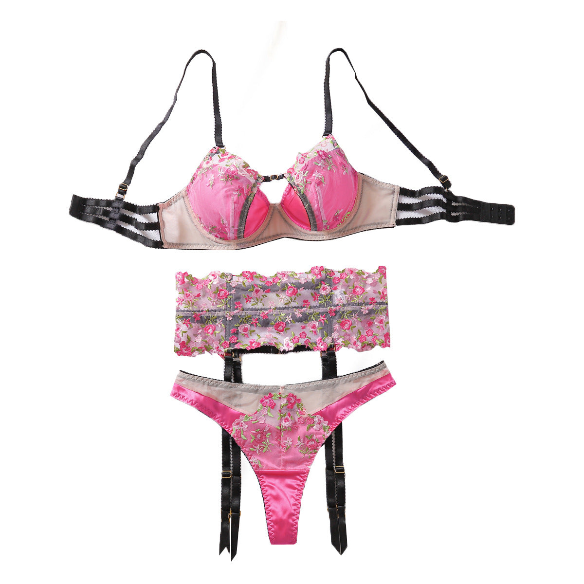Sexy Mesh Perspective Embroidery Flower Gathering Fun Underwear Underwear 3-Piece Set eprolo