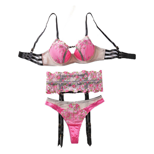 Sexy Mesh Perspective Embroidery Flower Gathering Fun Underwear Underwear 3-Piece Set eprolo