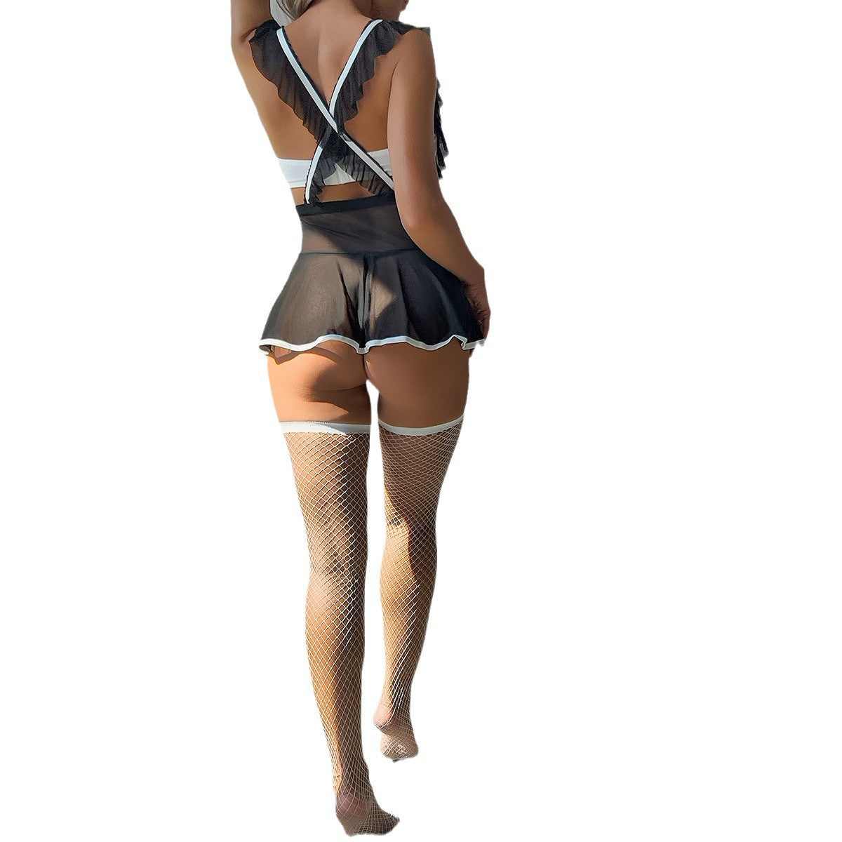 European and American Style Sheer Netting Cute Maid Bondage Crossed Wrap Top Erotic Lingerie Four-Piece Set eprolo