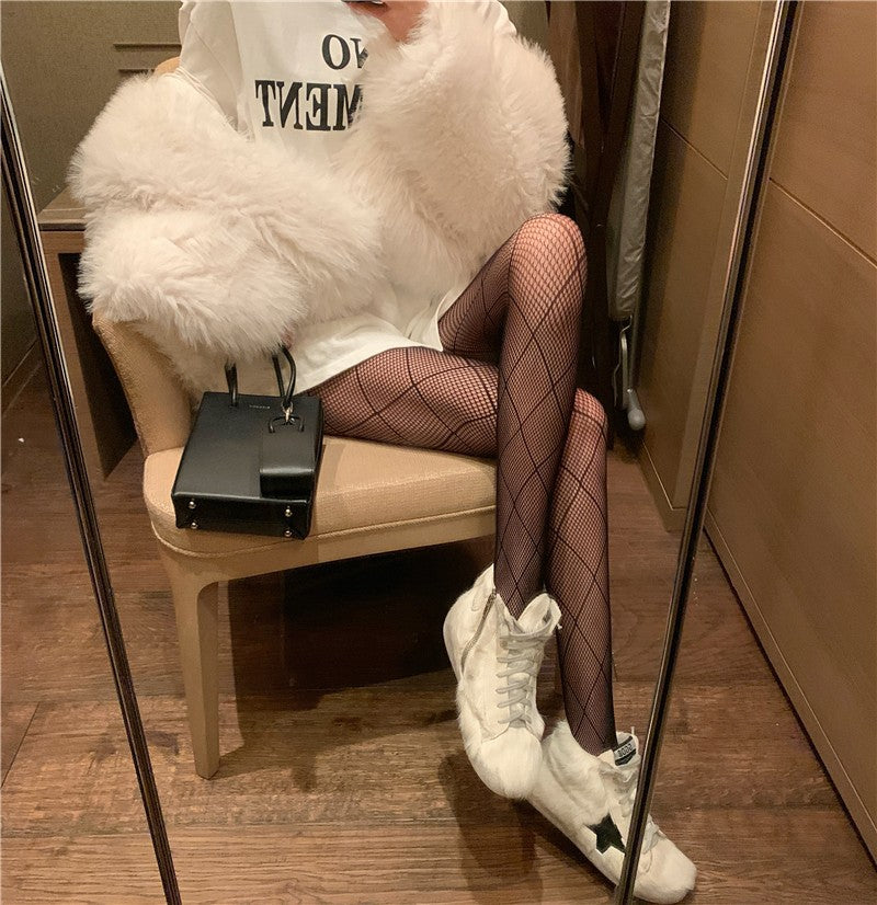 Sexy Black Silk Fishnet Socks Personality Cross Diamond Pattern Lolita Thin Section Thin Women's Trendy Ins Socks eprolo