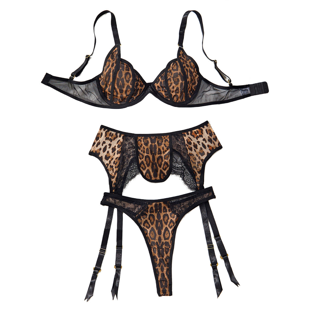 Sexy leopard print set low cut gathering lingerie three piece set