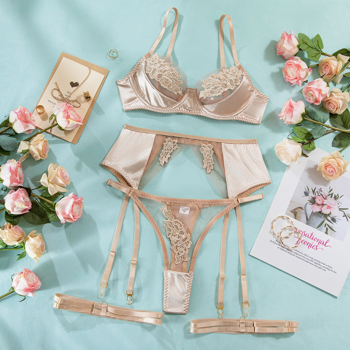 Women's Sheer Mesh Lingerie Set – Lace Embroidery Push-Up Bra, Thong & Garter 4-Piece