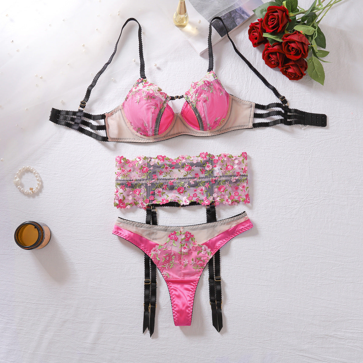 Sexy Mesh Perspective Embroidery Flower Gathering Fun Underwear Underwear 3-Piece Set eprolo