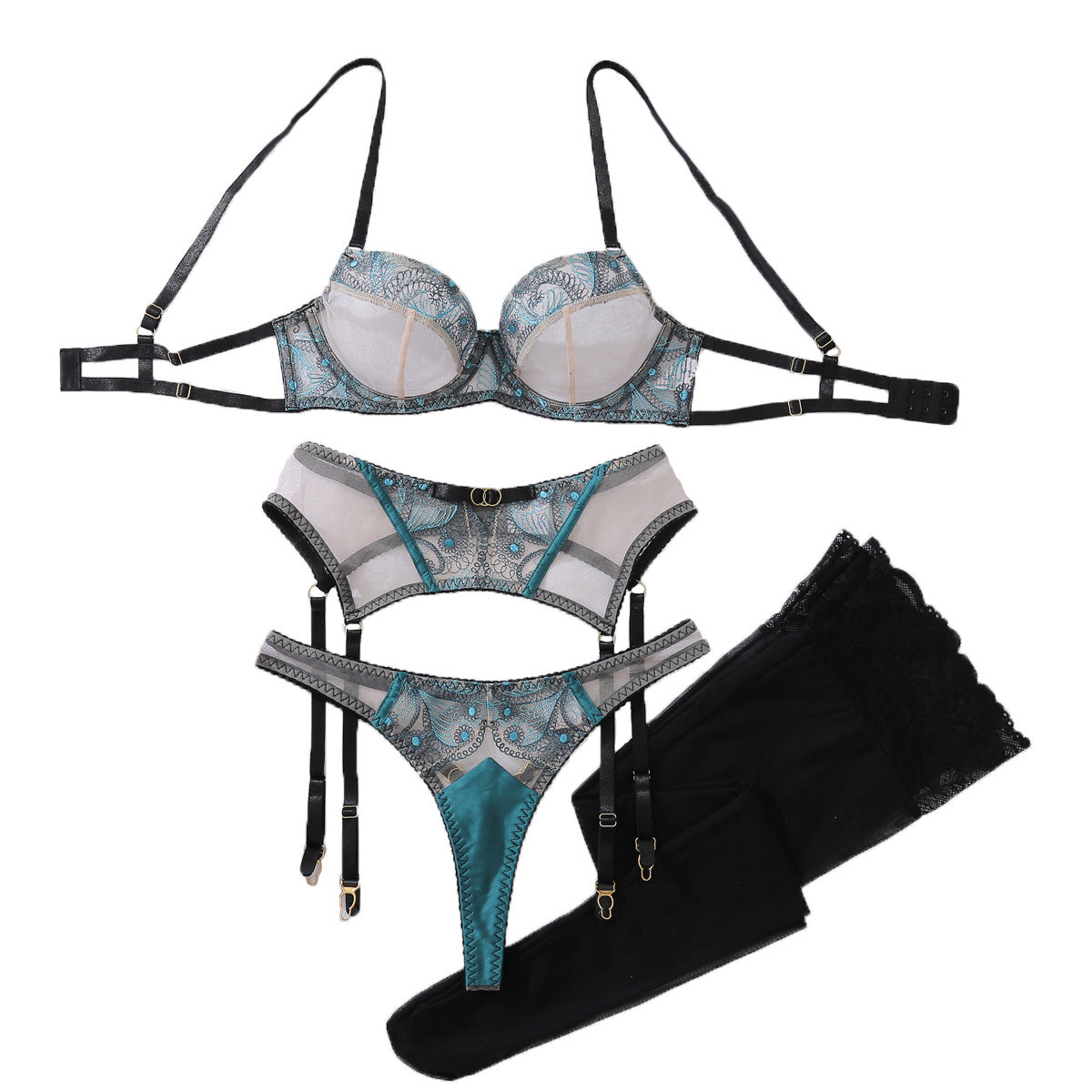 New Embroidered Sexy Mesh Perspective Temptation Underwear Four Piece Set eprolo