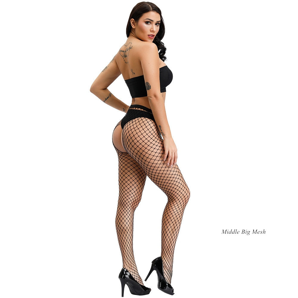 Eprolo women's crotchless fishnet bodystocking featuring large size, open crotch design, sexy erotic lingerie tights for plus size women.