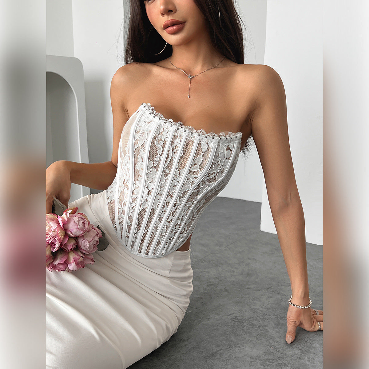 Floral Lace Boned Backless Wrap Top – Princess Style Strapless Crop | KYLALINGERIE