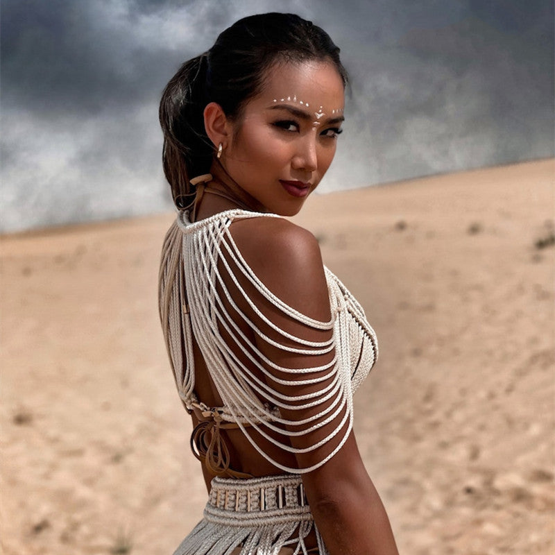 Women's handmade woven tassel long skirt, new creative Greek goddess outfit, beach travel sexy split body wrapped chest eprolo