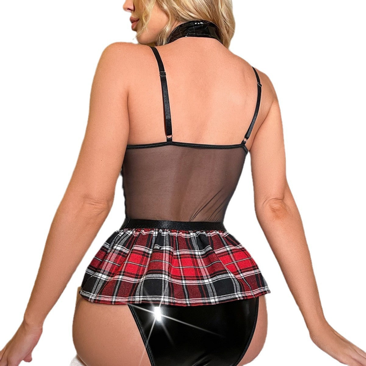Sexy patent leather strap checkered jumpsuit lingerie, no take off uniform, small chest, pure desire to see through pajamas eprolo
