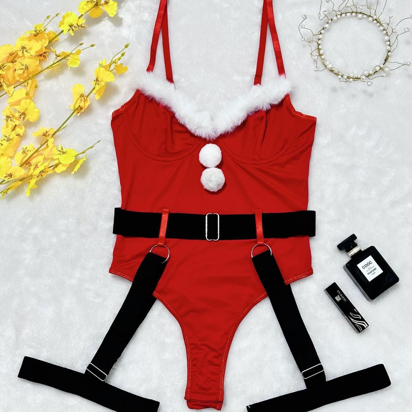 Christmas style plush spliced sexy tight red jumpsuit lingerie set eprolo