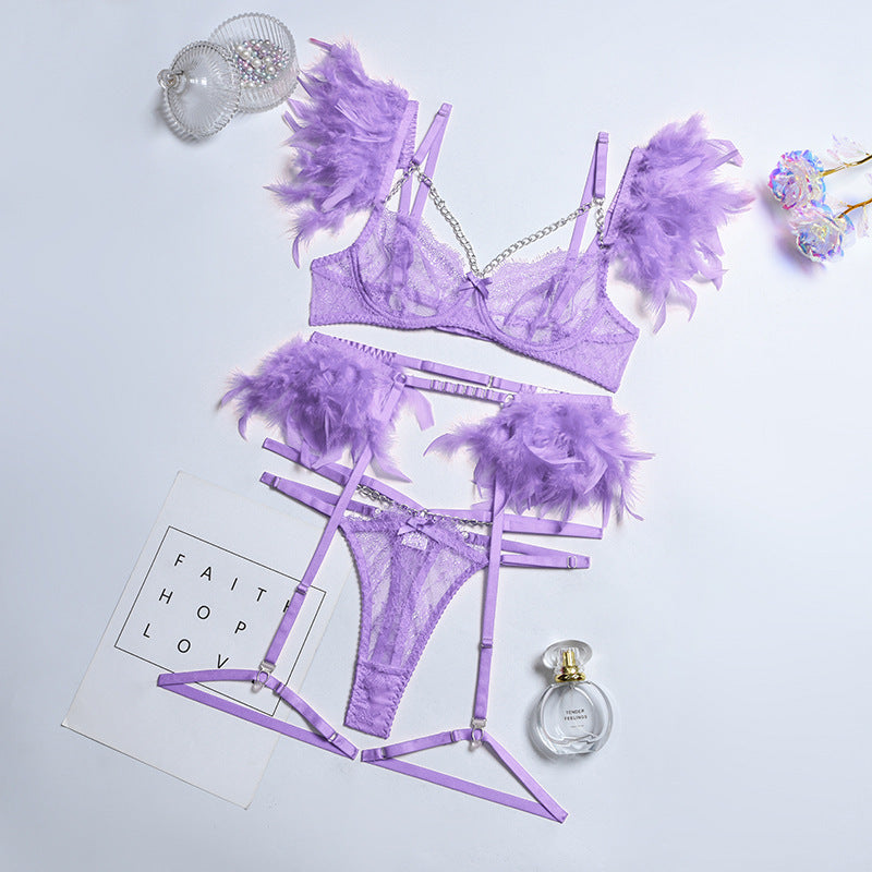 Feather Sexy Lingerie with Chain Lace Transparent Mesh Set for Women eprolo
