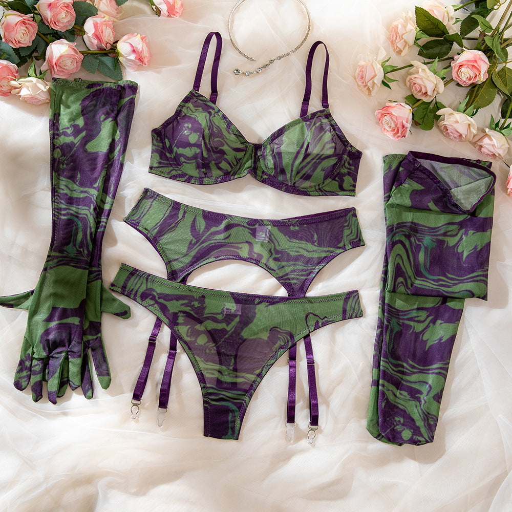 Erotic Lingerie Set with Gloves and Socks - Sexy Underwear with Lace and Printed Fabric eprolo