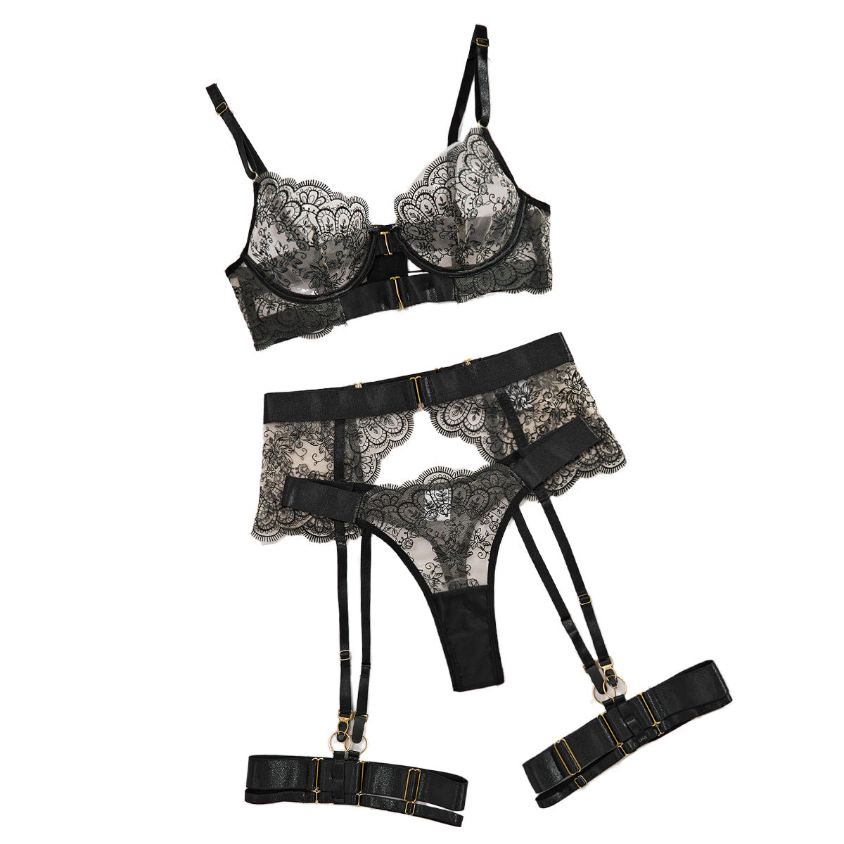Sexy Lingerie Set for Women - Transparent Embroidered Eyelash Lace Shapewear Four-Piece Suit eprolo