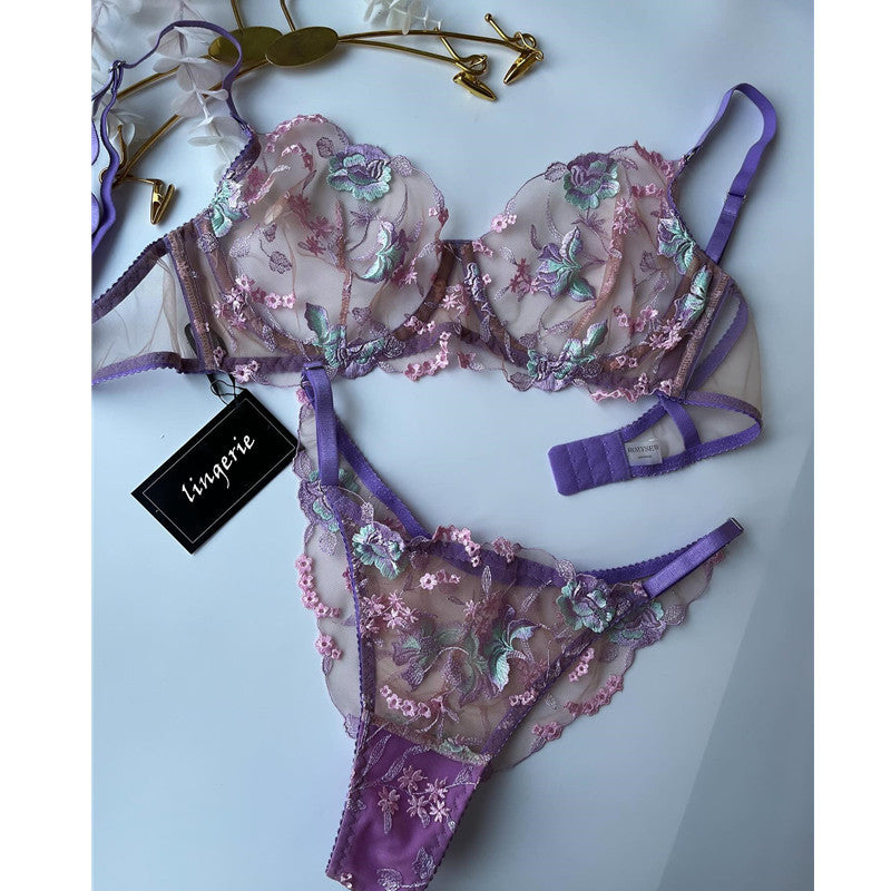 Dnika Two-Piece Mesh Embroidered Lingerie Set Purple Flower Gathered Bra Transparent Suit eprolo