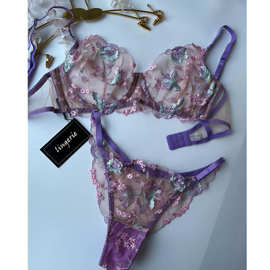 Dnika Two-Piece Mesh Embroidered Lingerie Set Purple Flower Gathered Bra Transparent Suit eprolo