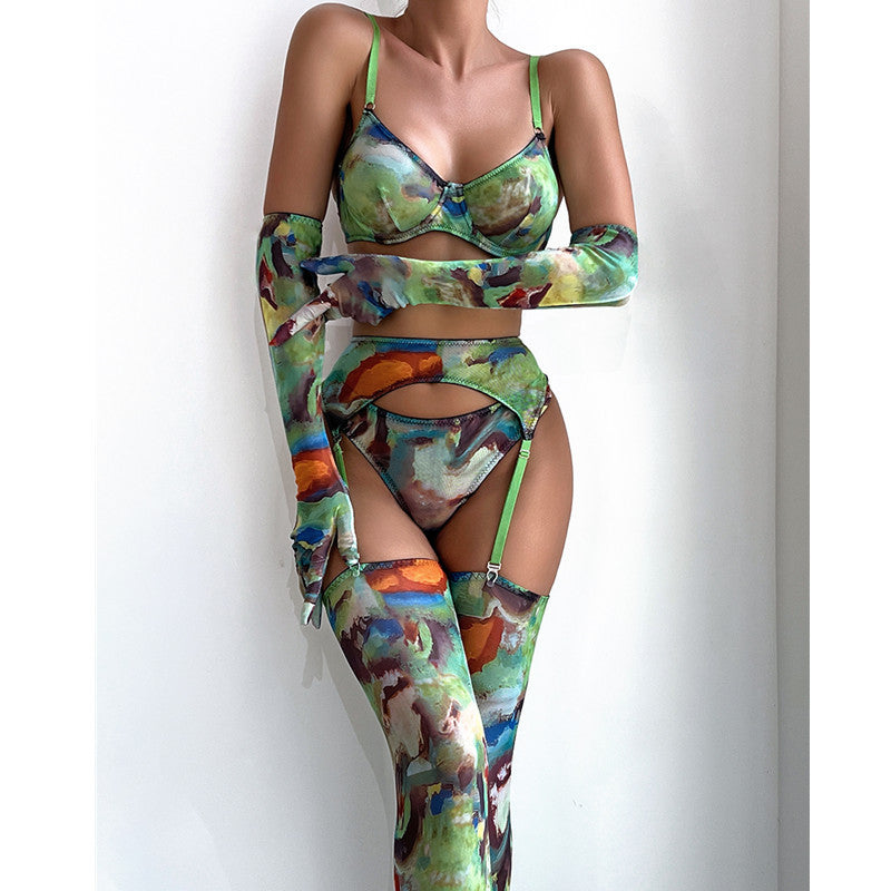Lingerie Set with Gloves and Stockings - Mesh Printed Design eprolo