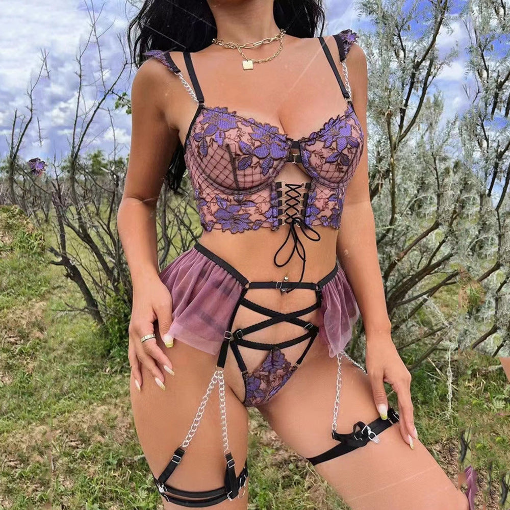 Thin Embroidered Bra Set Mesh Flower Underwear Women's garter Belt eprolo