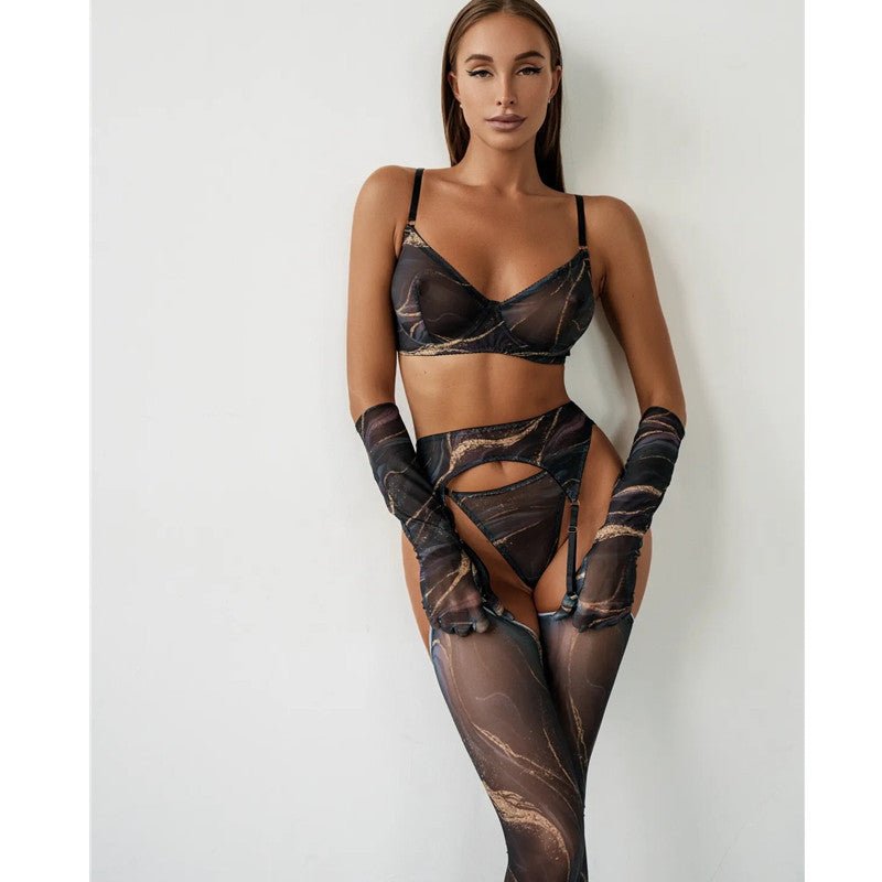 Lingerie Set with Gloves and Stockings - Mesh Printed Design eprolo