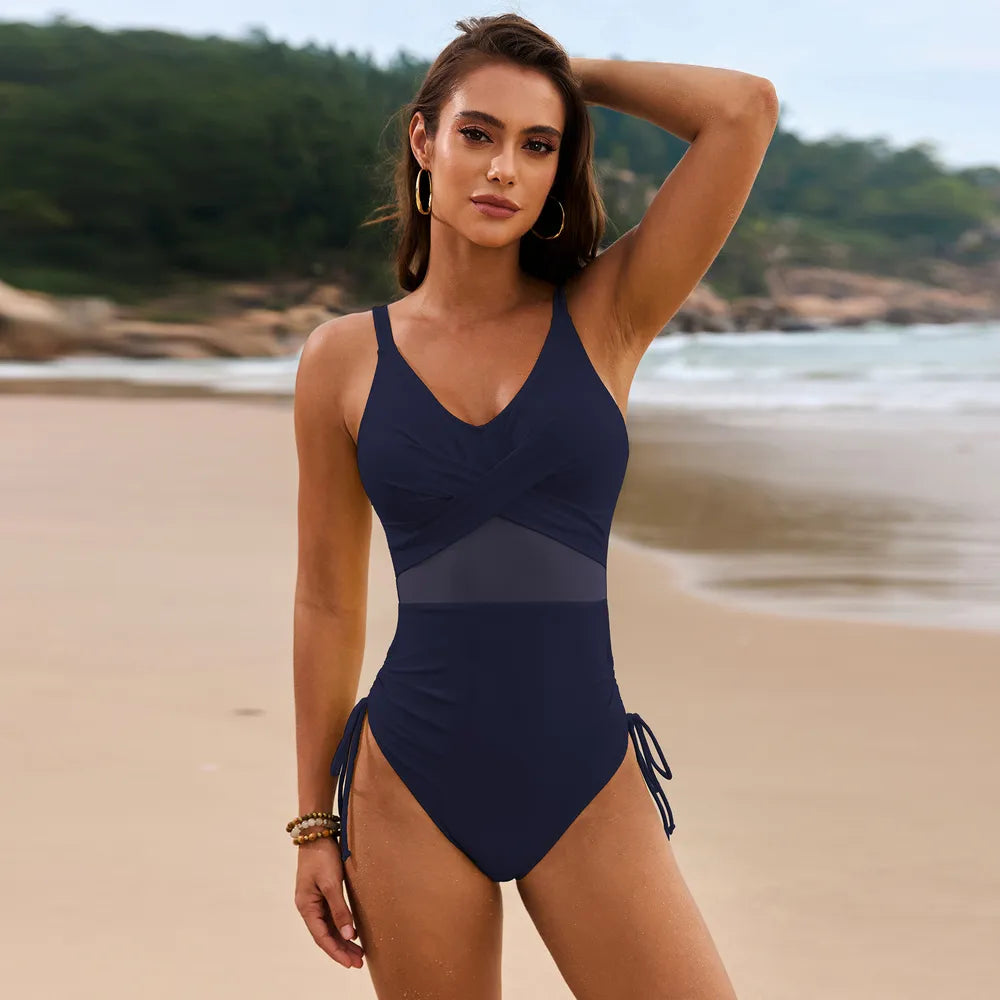 Drawstring Ruched Crisscross V-Neck One-Piece Swimsuit | Women's Swimwear